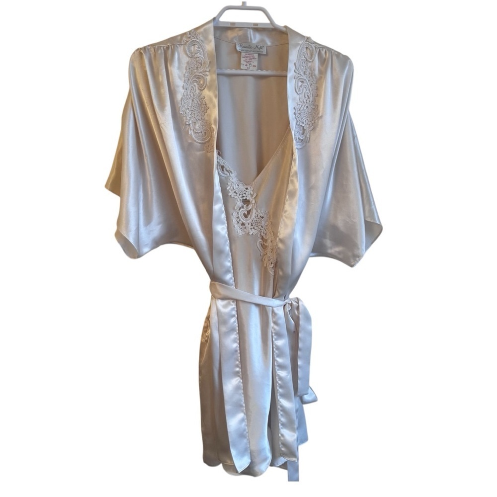 Vintage Bridal Robe & Slip Set • Ivory Satin Lace • Romantic Night • Size Small